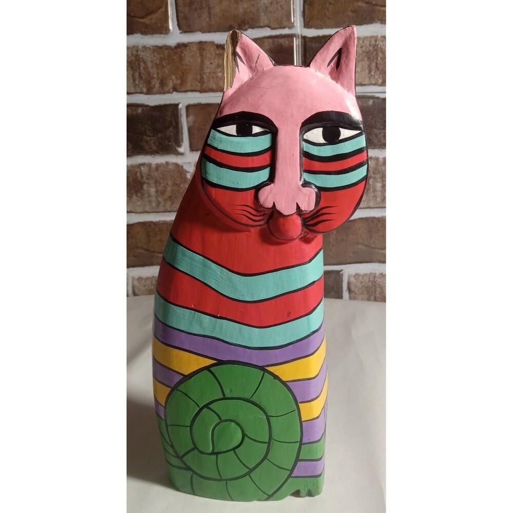 Laurel Burch Wood Sitting Cat Statue 1980s Signed & Numbered 191 (RARE)